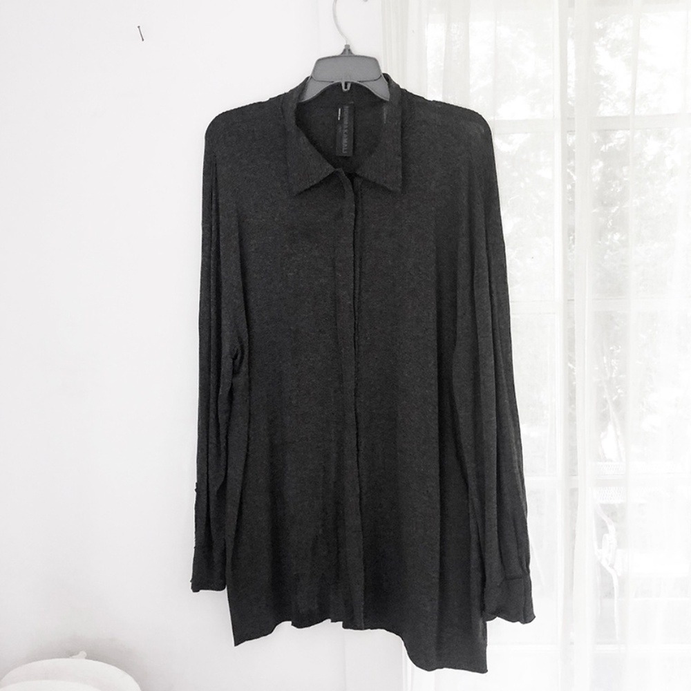 NORMA KAMALI DARK GRAY OVERSIZED BOYFRIEND SHIRT, Size XS - Picture 5 of 8